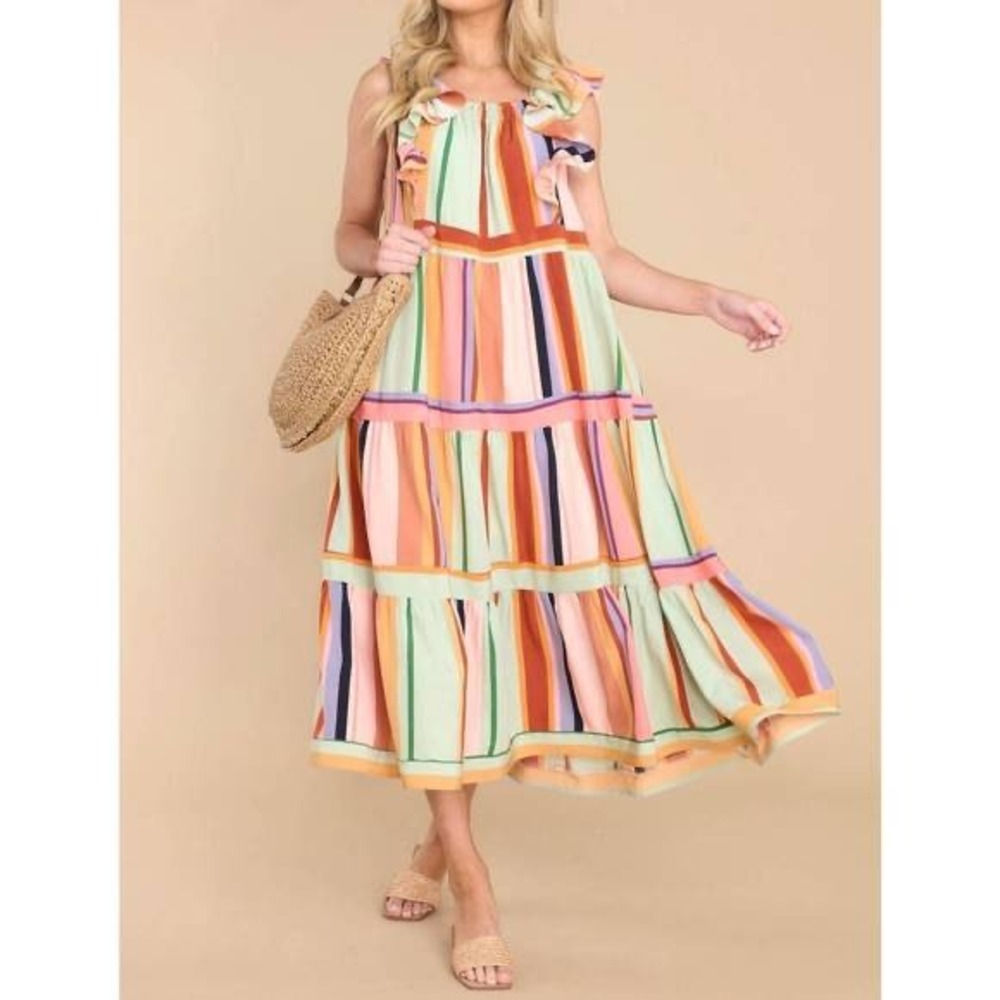 Entro Painted Palette Midi Dress Apricot Multi Size Medium Spring Striped Summer